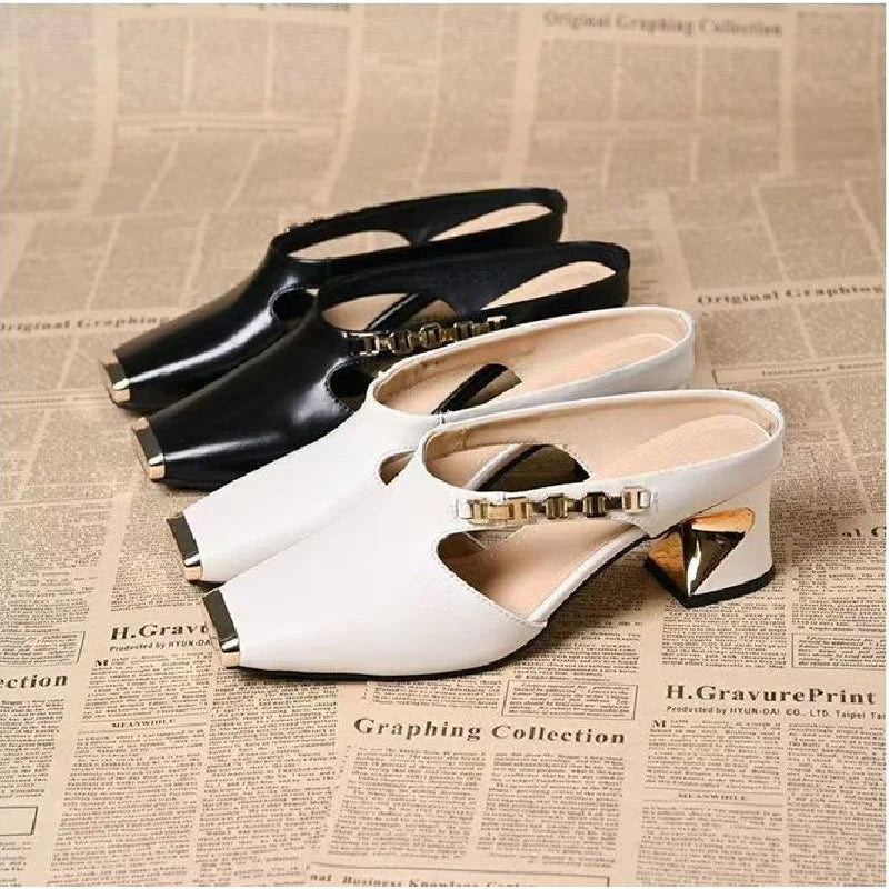 Women's Metallic Square Toe Block Heel Mule Slides Cutout Metal Chain Decor Elegant Dress Pumps for Spring Summer Office Party