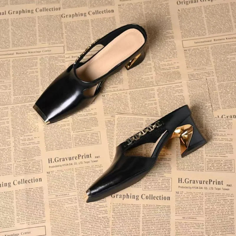 Women's Metallic Square Toe Block Heel Mule Slides Cutout Metal Chain Decor Elegant Dress Pumps for Spring Summer Office Party