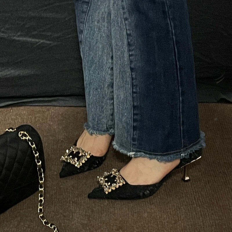 High-quality rhinestone square buckle exquisite high-heeled shoes. Women's 2026 summer pink pointed-toe thin-heeled sandals