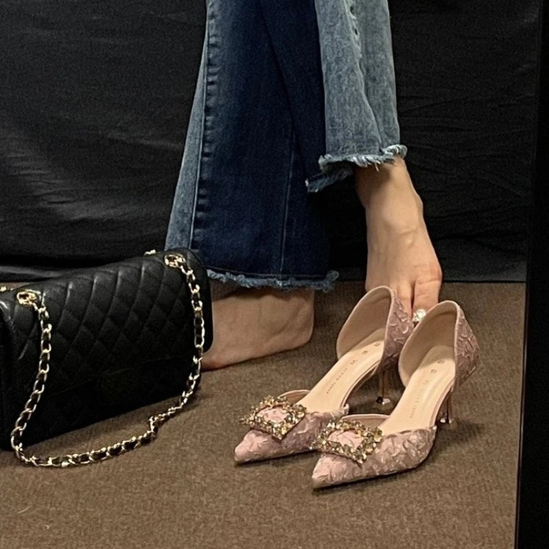 High-quality rhinestone square buckle exquisite high-heeled shoes. Women's 2026 summer pink pointed-toe thin-heeled sandals