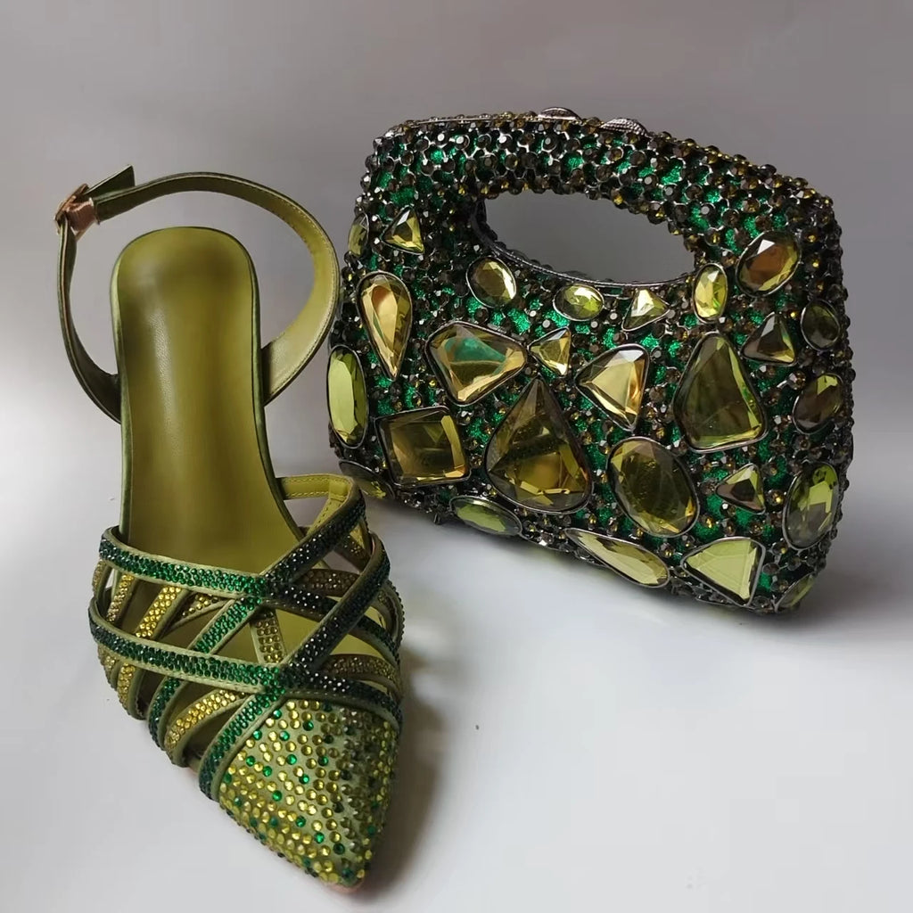 INSIGHTLINK Luxury Olive Green Rhinestones Women's Shoe and Bag Set for Party Wedding Crystals Heeled Pumps and Handbag Sandals