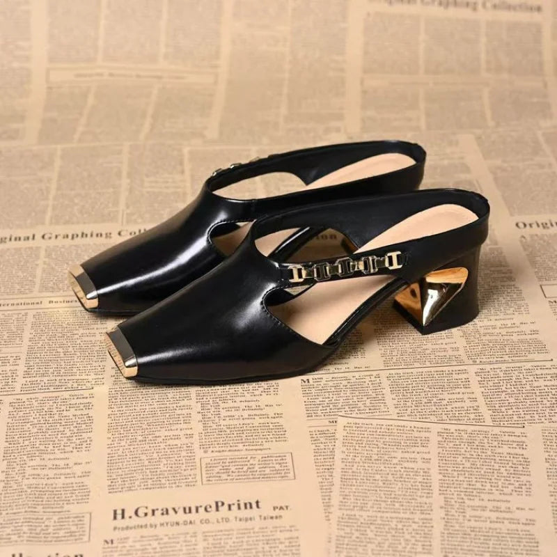 Women's Metallic Square Toe Block Heel Mule Slides Cutout Metal Chain Decor Elegant Dress Pumps for Spring Summer Office Party