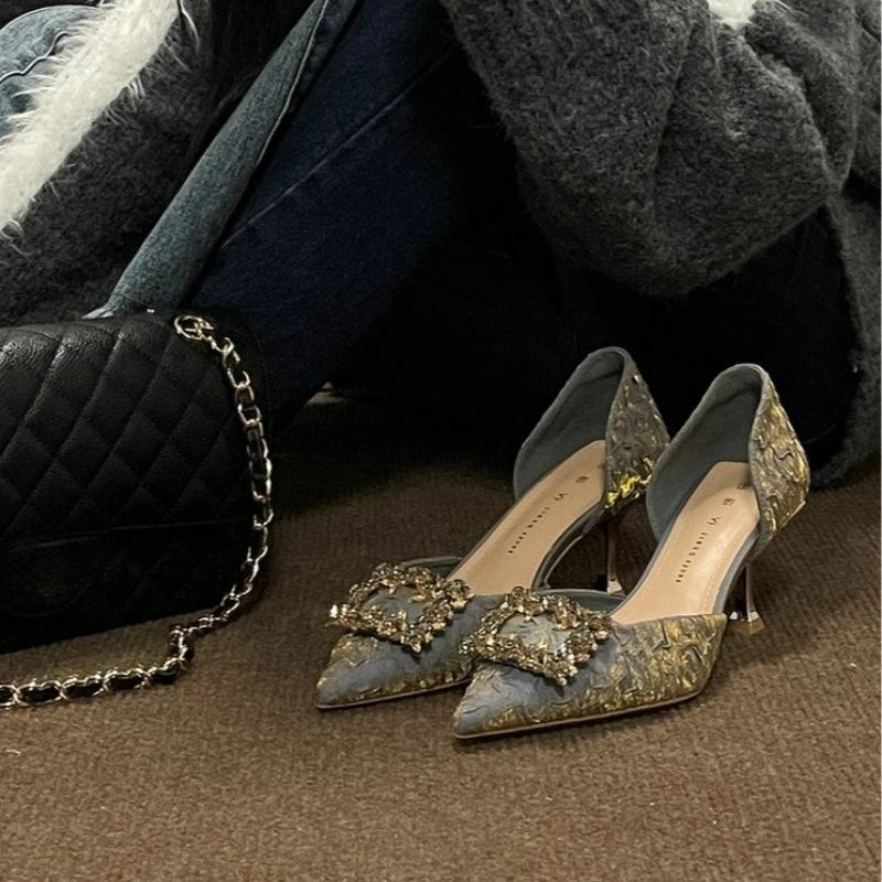 High-quality rhinestone square buckle exquisite high-heeled shoes. Women's 2026 summer pink pointed-toe thin-heeled sandals